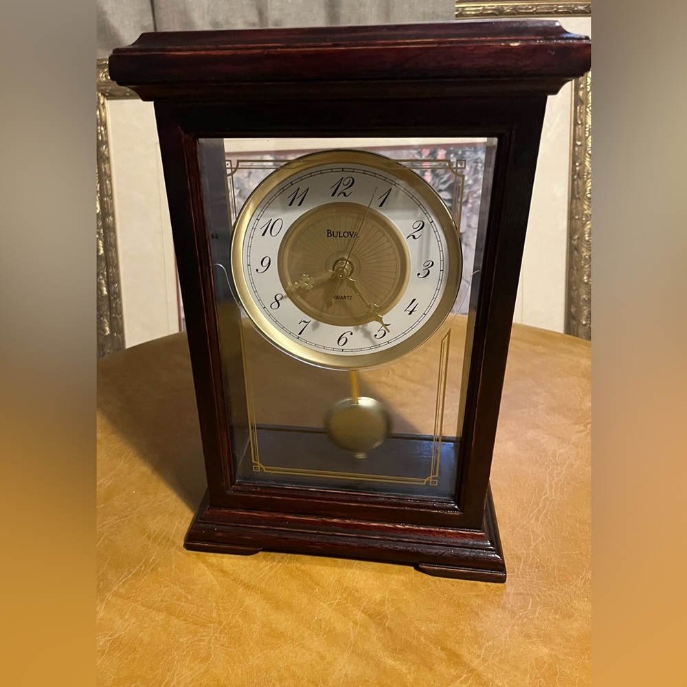 Bulova Gold and Dark Brown Wooden Mantel Clock with Pendulum